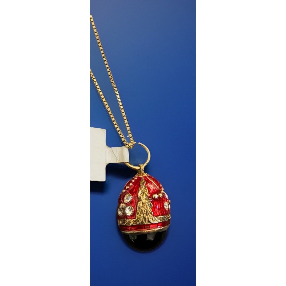 Italian 925 Sterling Russian-style Egg Pendant Necklace Red Enamel CZ Italy - Picture 4 of 6